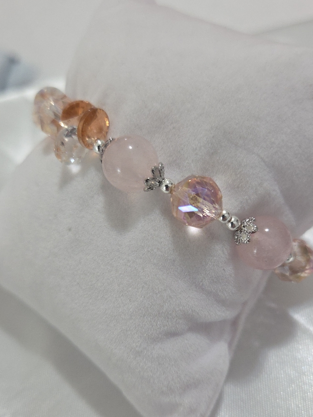 Elegant Silver Tone Rose Quartz & Champagne Crystal Beaded Bracelet